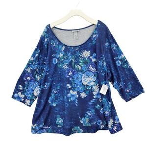 Catherines Womens Cottagecore Beaded Boho Floral 3/4 Sleeve Top 2X Blue NEW